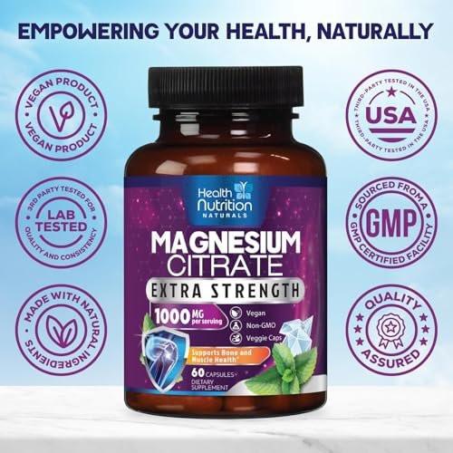 Magnesium Citrate 1000mg Per Serving - Max Absorption Magnesium Powder Capsules for Muscle, Nerve, Bone and Heart Health Support, High Absorption Citrate Complex, Gluten Free, Non-GMO - 60 Capsules - görsel 8
