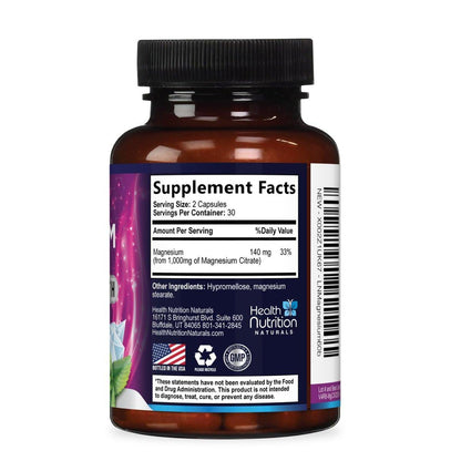Magnesium Citrate 1000mg Per Serving - Max Absorption Magnesium Powder Capsules for Muscle, Nerve, Bone and Heart Health Support, High Absorption Citrate Complex, Gluten Free, Non-GMO - 60 Capsules
