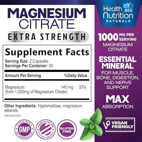 Magnesium Citrate 1000mg Per Serving - Max Absorption Magnesium Powder Capsules for Muscle, Nerve, Bone and Heart Health Support, High Absorption Citrate Complex, Gluten Free, Non-GMO - 60 Capsules - görsel 4