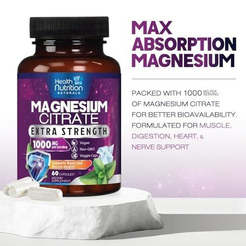 Magnesium Citrate 1000mg Per Serving - Max Absorption Magnesium Powder Capsules for Muscle, Nerve, Bone and Heart Health Support, High Absorption Citrate Complex, Gluten Free, Non-GMO - 60 Capsules - görsel 12
