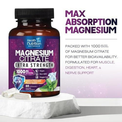 Magnesium Citrate 1000mg Per Serving - Max Absorption Magnesium Powder Capsules for Muscle, Nerve, Bone and Heart Health Support, High Absorption Citrate Complex, Gluten Free, Non-GMO - 60 Capsules