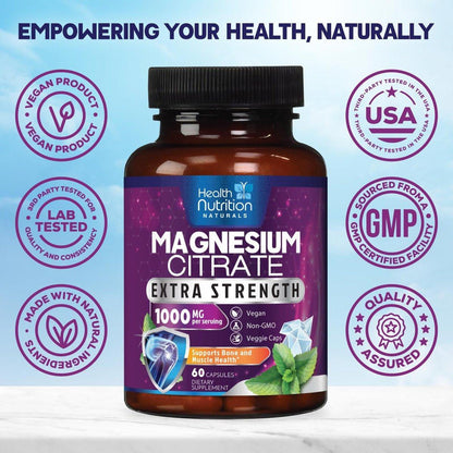 Magnesium Citrate 1000mg Per Serving - Max Absorption Magnesium Powder Capsules for Muscle, Nerve, Bone and Heart Health Support, High Absorption Citrate Complex, Gluten Free, Non-GMO - 60 Capsules