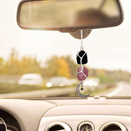 BOHO GARDEN Hanging Car Charm - Black Tourmaline & Rose Quartz - Dangling Moon, Healing Crystal Accessories, Rearview Mirror Decorations - Grounding, Confidence, Protection, Love, Self-Worth, Energy - görsel 1