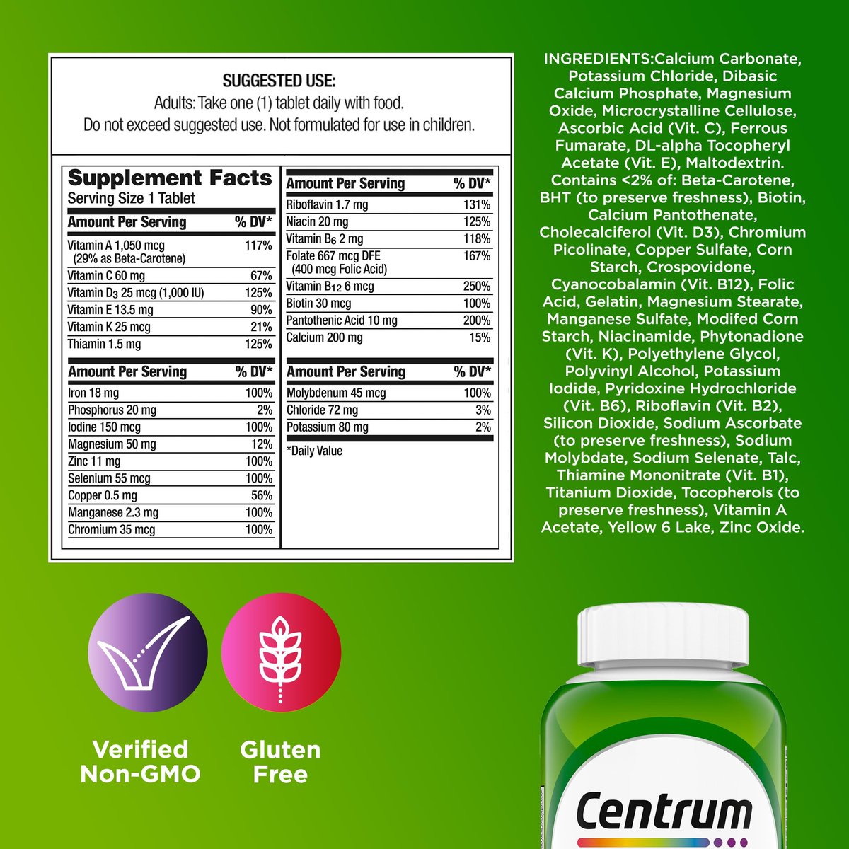 Centrum Adult Multivitamin/Multimineral Supplement with Antioxidants, Zinc, Vitamin D3 and B Vitamins, Gluten Free, Non-GMO Ingredients - 200 Count - görsel 1