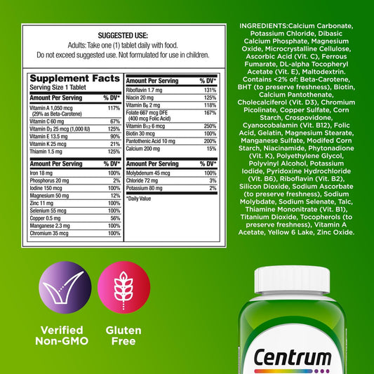Centrum Adult Multivitamin/Multimineral Supplement with Antioxidants, Zinc, Vitamin D3 and B Vitamins, Gluten Free, Non-GMO Ingredients - 200 Count
