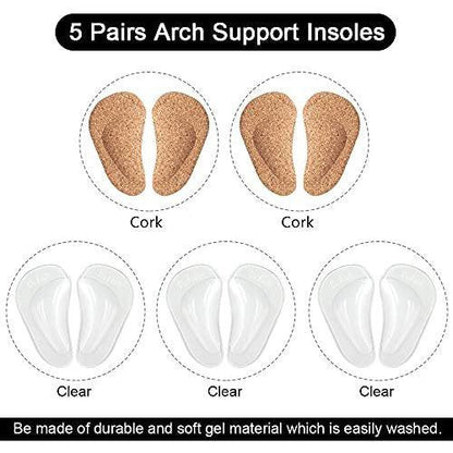 Dr.Foot Plantar Fasciitis Arch Support Shoe Insoles 5 Pairs, Thicken Gel Arch Pads for Flat Feet - Self-Adhesive Arch Cushions Inserts for Men and Women