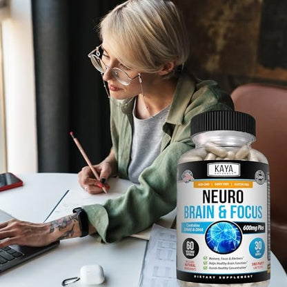 Kaya Naturals Neuro Brain for Memory & Focus - Nootropic Energy Capsule - Brain Support Supplement - Focus & Concentration & Learning Accuracy - Cognitive Function - 180 Count