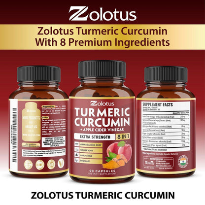 8 in 1 Turmeric Curcumin + Apple Cider Vinegar Capsules, 3 Month Supply with Ashwagandha, Ginger, Garlic Bulb, 95% Standardized Curcuminoids, Joint & Absorption Support