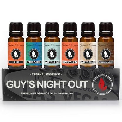 Eternal Essence Oils Guy's Night Out Set of 6 Premium Fragrance Oils - Happy Men, Blue Sage, White Sand, Warm Rustic Woods, Musk, White Musk - 10ml Each