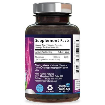 Magnesium Citrate 1000mg Per Serving - Max Absorption Magnesium Powder Capsules for Muscle, Nerve, Bone and Heart Health Support, High Absorption Citrate Complex, Gluten Free, Non-GMO - 60 Capsules