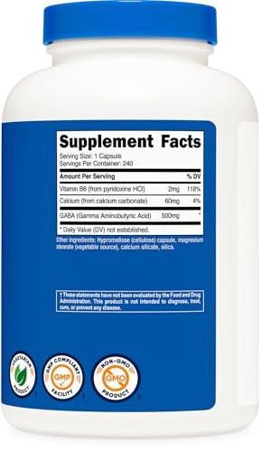 Nutricost GABA (Gamma Aminobutyric Acid) + Vitamin B6, 500mg per Serving, 240 Capsules