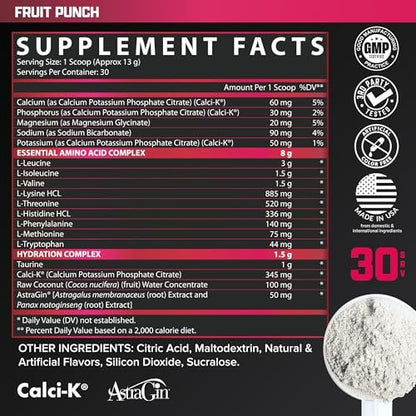 Nutrex Research EAA Hydration | EAAs + BCAA Powder | Muscle Recovery, Strength, Muscle Building, Endurance | 8G Essential Amino Acids + Electrolytes | 30 Servings (Fruit Punch)