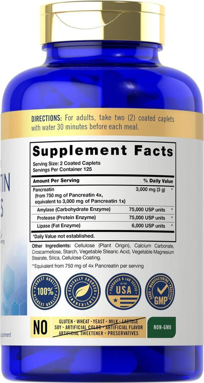 Carlyle Pancreatin Digestive Enzymes | 250 Caplets | with Protease, Amylase & Lipase | High Strength | Non-GMO, Gluten Free Supplement