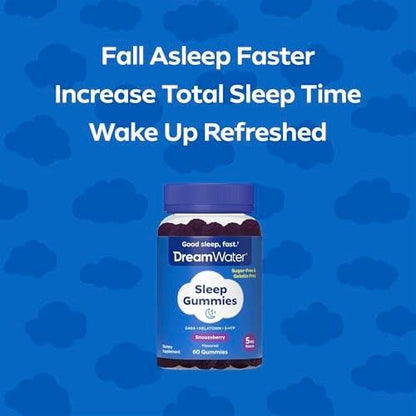 Dream Water Sleep Gummies (60 Count) Sleep Aids for Adults - 5mg Melatonin, GABA, 5-HTP - Natural Snoozeberry Flavor (Blue Raspberry) - Easy Chew Melatonin Gummies - Sugar Free, Gluten Free, Vegan