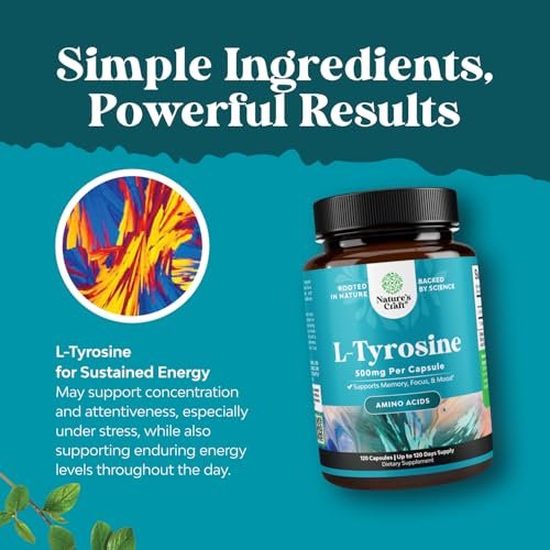 Free Form L Tyrosine 500mg Capsules - High Strength L-Tyrosine Supplement for Mental Energy and Focus Support - Amino Acid Nootropic Supplement for Mood Focus Attention and Cognitive Performance - görsel 10