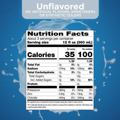 Oral Electrolyte Solution with Zinc for Rehydration, Unflavored, No Artificial Flavors or Sweeteners, 33.8 fl oz (1-Pack)