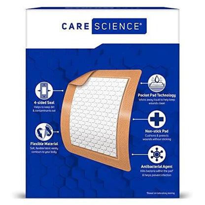 Care Science Fabric Adhesive Pad Bandages, 3x4 Inches Extra Large Flexible Non-Stick Strip, Helps Prevent Infection, Breathable Protection, for First Aid & Wound Care, 30 Count