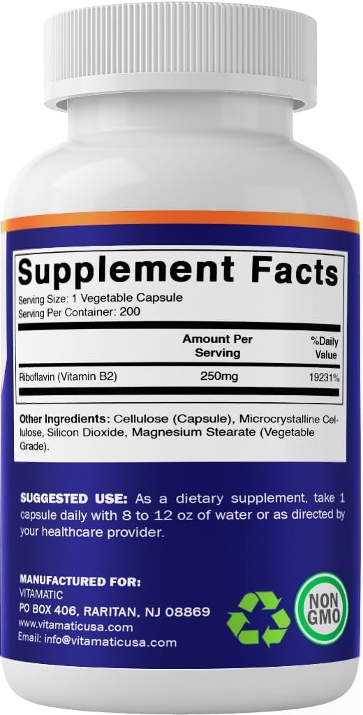 Vitamatic Vitamin B2 (Riboflavin) 250 mg - 200 Capsules Support Cellular Energy & Red Blood Cell Production - görsel 5