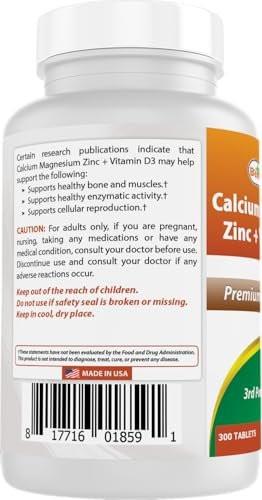 Best Naturals Calcium Magnesium Zinc with Vitamin D3, 300 Tablets - Calcium 1000 mg, Magnesium 400 mg, Zinc 25 mg & D3 600 IU per Serving (3 Tablets) - görsel 2
