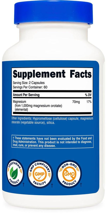Nutricost Magnesium Orotate Capsules 1000mg, 120 Caps - 60 Servings, 500mg Per Capsule, Non-GMO, Gluten Free