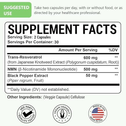 99% Ultra Purity NMN 500mg + Trans-Resveratrol 600mg, 1150mg NMN Resveratrol Supplement, 3-in-1 Advanced Formula for Boost NAD, Cell, Immune, Energy & Muscle, Healthy Aging, Stabilized Form - 60 Caps