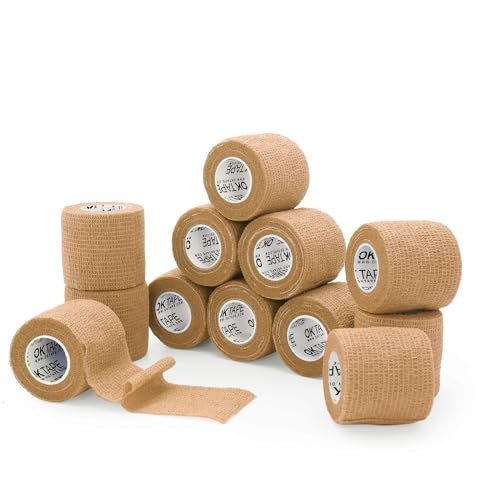 OK TAPE Self Adherent Cohesive Bandages Wrap 12Packs, 2 Inches X 5 Yards, Non-Woven Self Adhesive Athletic Sports wrap Tape, Vet Wrap Bandages Tape, for Thumb Finger Wrist Ankle (Beige) - görsel 1
