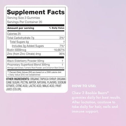 Boobie Bears Lactation Support Gummies | Helps As Milk Supply Booster & Supports Immune Health & Hair Growth | Breastfeeding Supplements with Zinc & Elderberry for Milk Supply Increase, 60 Count