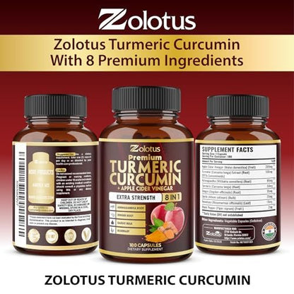 7 in 1 Turmeric Curcumin + Apple Cider Vinegar Capsules, 6 Month Supply with Ashwagandha, Ginger, Garlic Bulb, 180 Capsules
