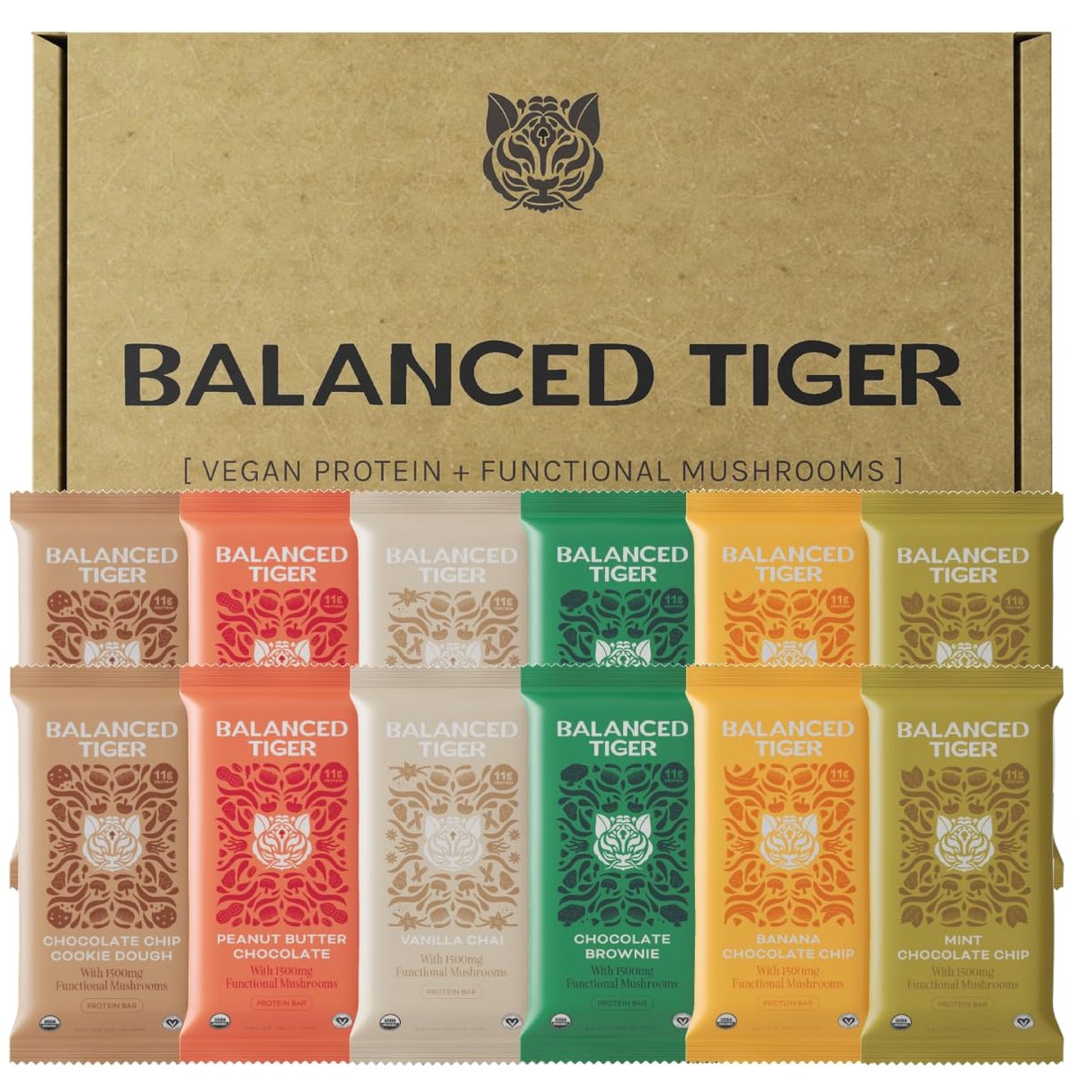 Balanced Tiger Vegan Protein Bars | Plant Based Protein Bars w/Functional Mushrooms - Lions Mane, Shitake, Reishi & Maitake | 12 Bars Variety Box - görsel 1