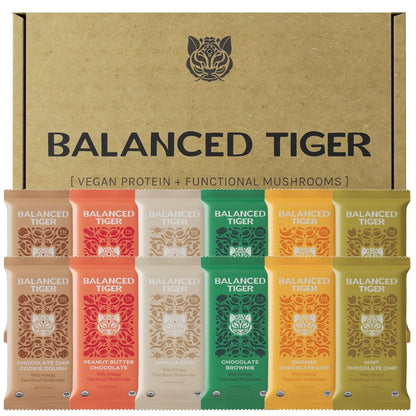 Balanced Tiger Vegan Protein Bars | Plant Based Protein Bars w/Functional Mushrooms - Lions Mane, Shitake, Reishi & Maitake | 12 Bars Variety Box