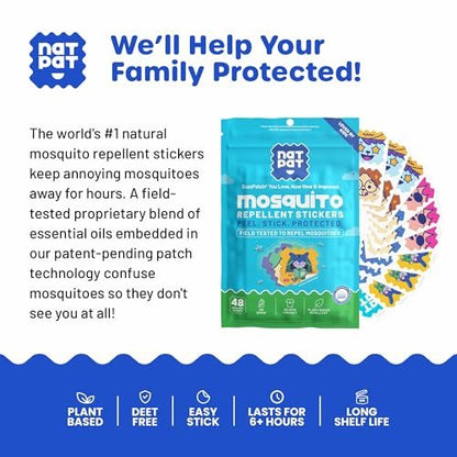 NATPAT BuzzPatch Mosquito Patch Stickers for Kids - All Natural, Plant Based Ingredients, Non-Toxic, DEET Free, Citronella Insect Patches, for Toddlers, Babies, Children (2 Pack, 96 Units)