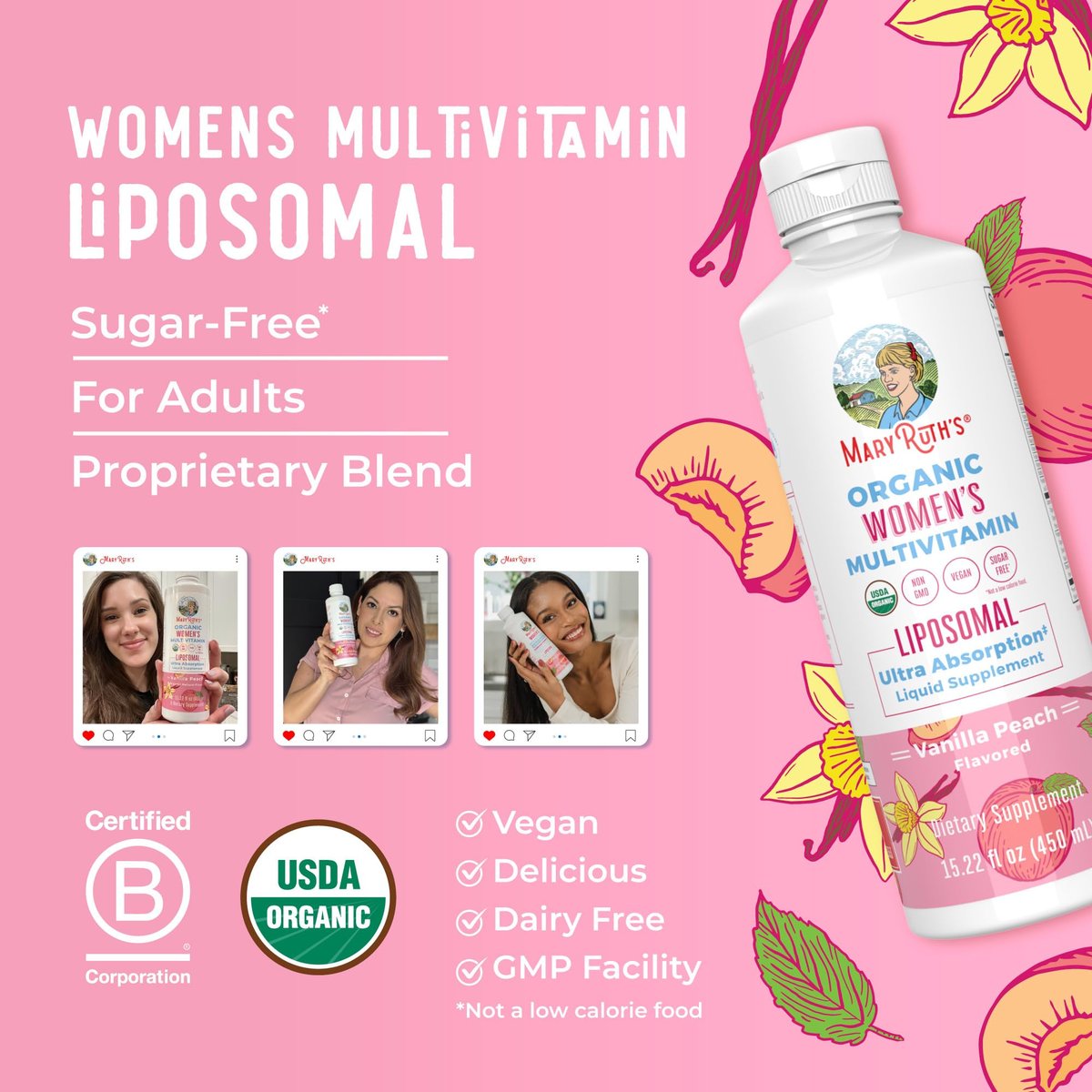 MaryRuth Organics USDA Organic Multivitamin for Women, Sugar Free Womens Multivitamin, Liquid Vitamins for Women, Immune Support Supplement, Ashwagandha, Methylfolate, Vegan, Non-GMO, 15.22 Fl Oz - görsel 1