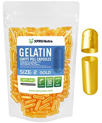 XPRS Nutra Size 2 Empty Capsules - 100 Count Empty Gelatin Capsules - Pills DIY Capsule Filling - Pure Bovine Pill Gel Caps for Do-It-Yourself Supplements (Gold) - görsel 2