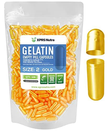 XPRS Nutra Size 2 Empty Capsules - 500 Count Empty Gelatin Capsules - Pills DIY Capsule Filling - Pure Bovine Pill Gel Caps for Do-It-Yourself Supplements (Gold)