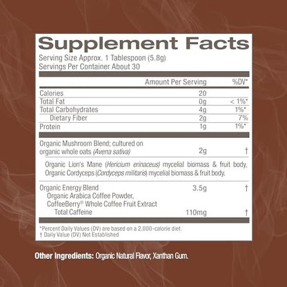 OM MUSHROOM SUPERFOOD Instant Coffee – Organic Arabica with Lion’s Mane, Cordyceps, Reishi, Turkey Tail & Ginkgo for Energy, Focus & Clarity – 6.24 oz Canister, 30 Servings
