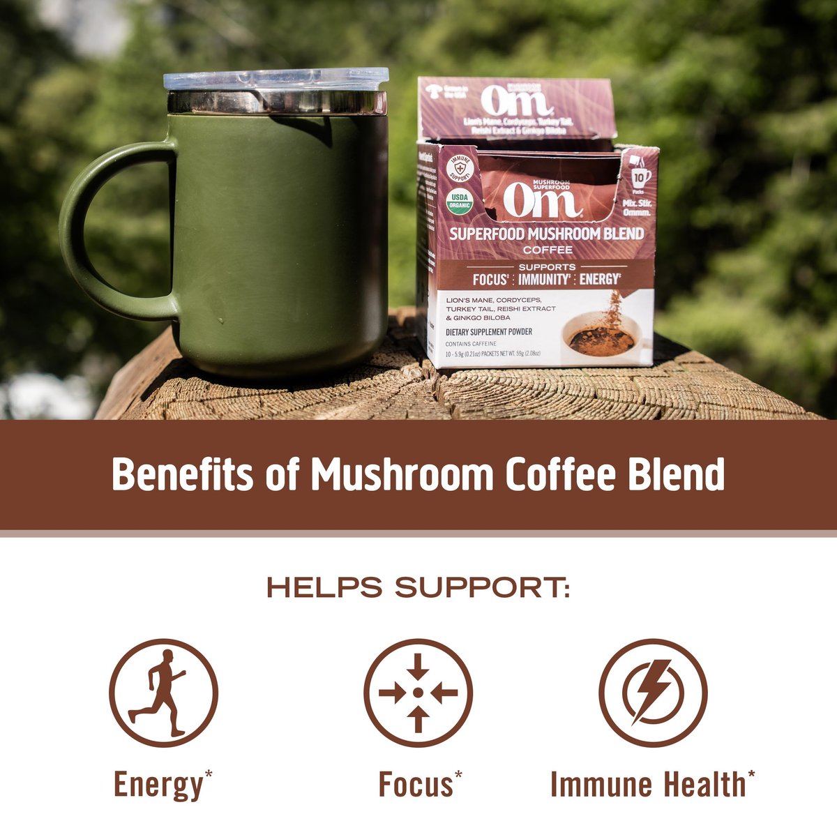 OM MUSHROOM SUPERFOOD Instant Coffee – Organic Arabica with Lion’s Mane, Cordyceps, Reishi, Turkey Tail & Ginkgo for Energy, Focus & Clarity – 6.24 oz Canister, 30 Servings - görsel 9