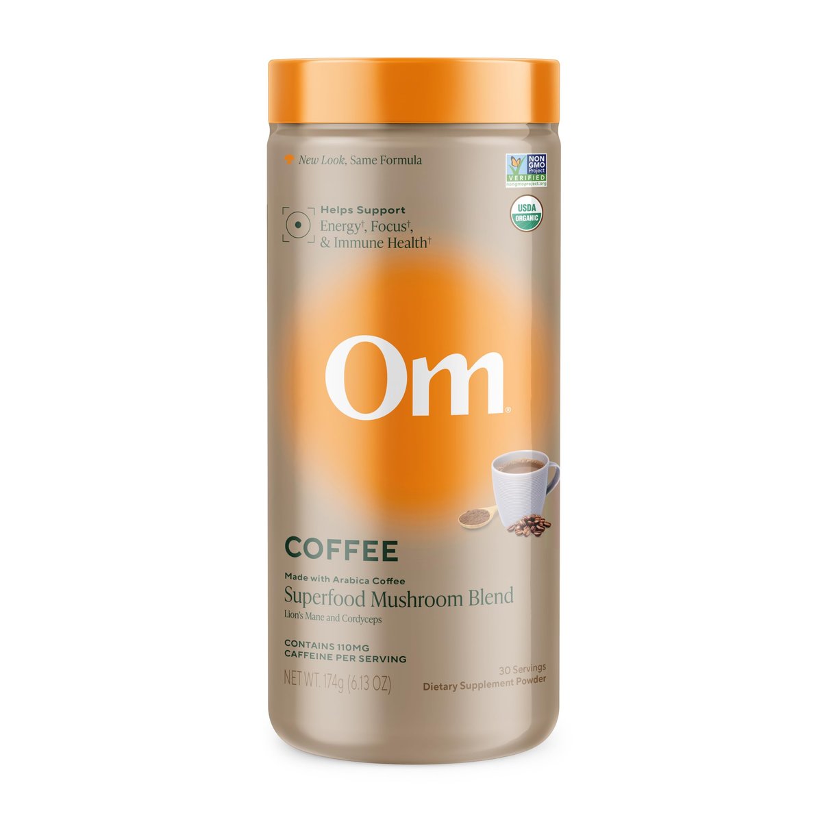 OM MUSHROOM SUPERFOOD Instant Coffee – Organic Arabica with Lion’s Mane, Cordyceps, Reishi, Turkey Tail & Ginkgo for Energy, Focus & Clarity – 6.24 oz Canister, 30 Servings - görsel 1
