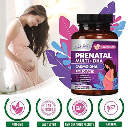 Prenatal Vitamins for Women - Multivitamin with DHA, Folic Acid, Vitamin C, B12, Iron & Omega-3 - Before, During & Post Pregnancy Supplement for Healthy Growth & Brain Development - 60 Softgels