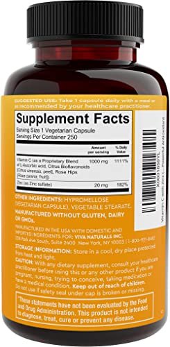 Viva Naturals 1000 mg Vitamin C and Zinc 20 mg Supplement - Proprietary Blend of Ascorbic Acid Vitamin C with Rose Hips and Bioflavonoids for Immune Support - 250 Veggie Capsules with 8 Months Supply - görsel 15