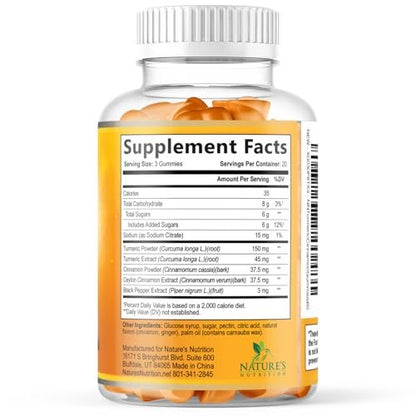 Turmeric Curcumin Supplement Gummies - 95% Curcuminoids with Turmeric Ginger, Black Pepper for Best Absorption, Nature's Vegan Joint Support, Non-GMO, Gluten Free, Tasty Cinnamon Flavor - 60 Gummies