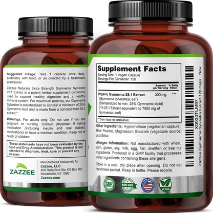 Zazzee USDA Organic Gymnema Sylvestre 25:1 Extract, 25% Gymnemic Acid, 120 Vegan Capsules, 4 Month Supply, All-Natural Botanical Support, Concentrated 25X Extract, Non-GMO, Made in the USA
