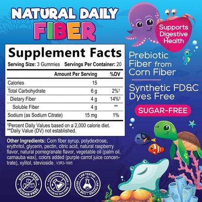 Kids Fiber Gummies – Sugar Free Prebiotic Plant-Based Fiber 4g per Serving Supplement - Improved Soluble Formula Supports Digestive Health & Regularity - Natural Berry Flavor Chewable - 60 Gummies