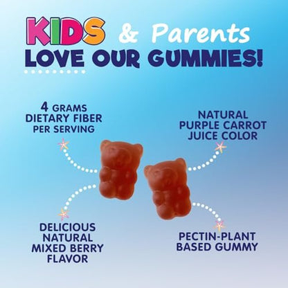 Kids Fiber Gummies – Sugar Free Prebiotic Plant-Based Fiber 4g per Serving Supplement - Improved Soluble Formula Supports Digestive Health & Regularity - Natural Berry Flavor Chewable - 60 Gummies