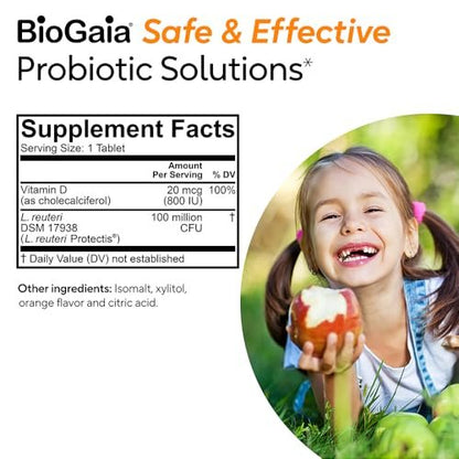 BioGaia Immune Active Kids | Probiotic + Vitamin D | for Digestive & Immune Health | Ages 3+ | Allergen, Dairy, Soy & Gluten Free | Trusted By Pediatricians | 60 Day Supply | Orange Flavored Chewable