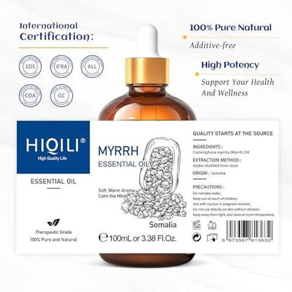 HIQILI 100ML Myrrh Essential Oil for Skin, Diffuser & Candle, 100% Pure and Natural - 3.38 Fl Oz