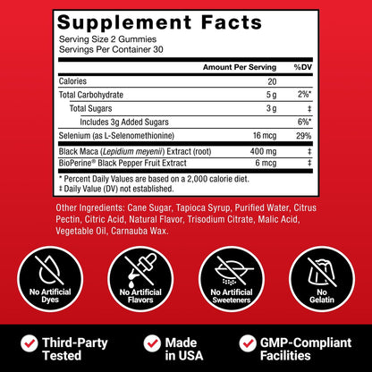 Force Factor Black Maca Gummies for Men & Women, Boost Energy, Strength, Drive & Vitality, BioPerine & Selenium for Superior Absorption, Peruvian Black Maca Root Extract, Passion Berry, 60 Gummies