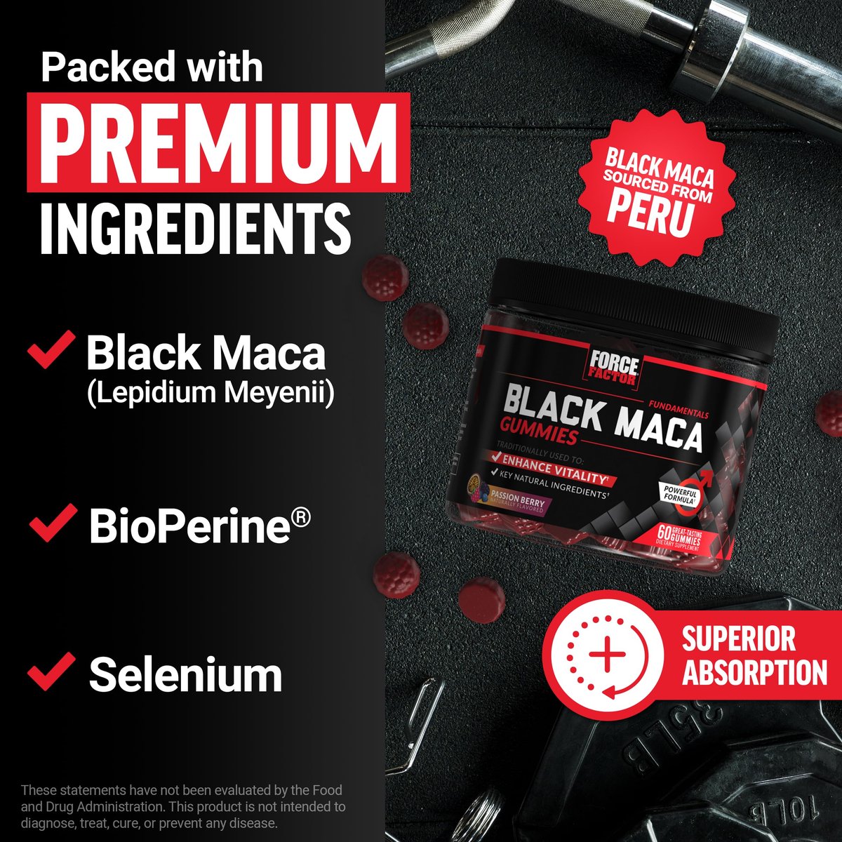 Force Factor Black Maca Gummies for Men & Women, Boost Energy, Strength, Drive & Vitality, BioPerine & Selenium for Superior Absorption, Peruvian Black Maca Root Extract, Passion Berry, 60 Gummies - görsel 5