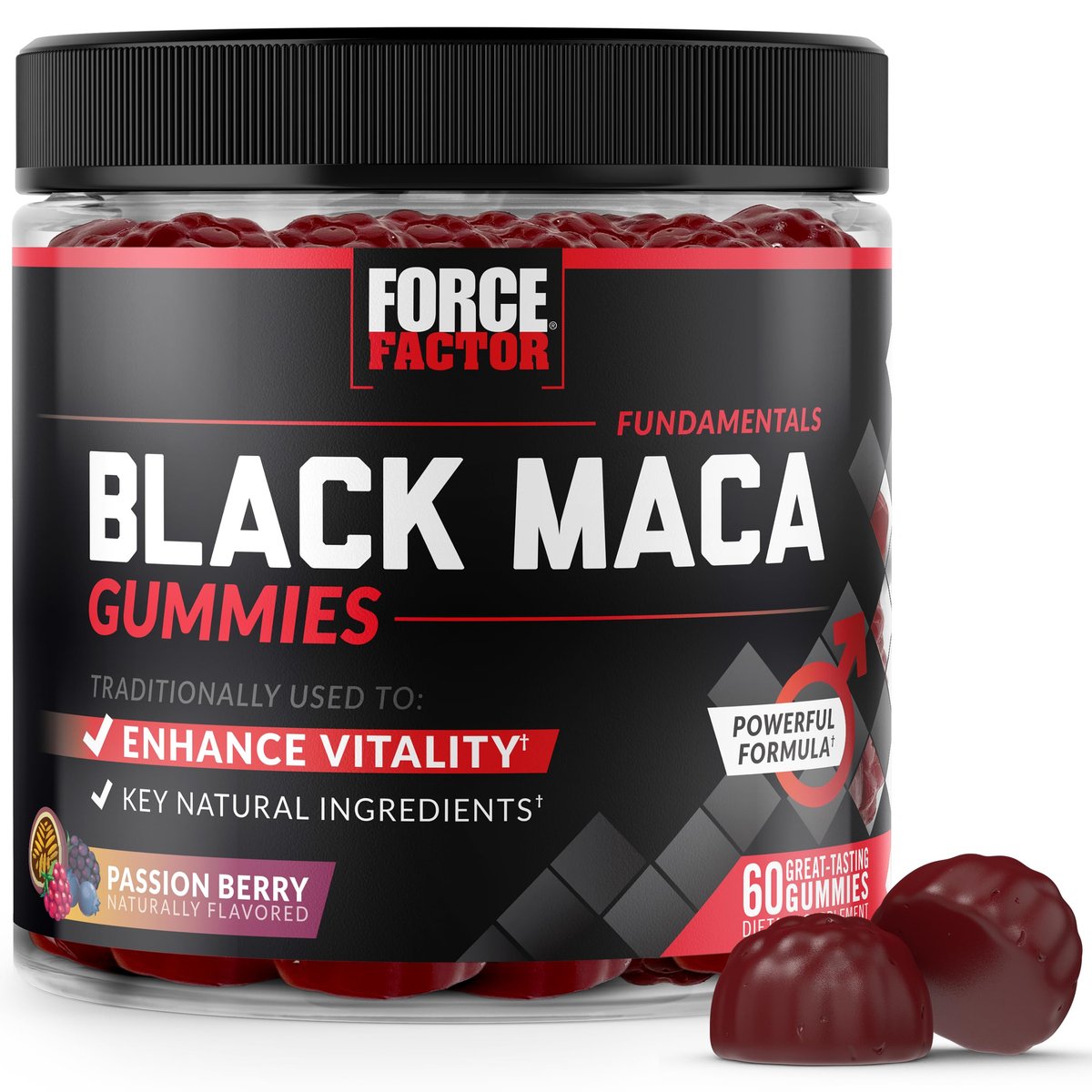 Force Factor Black Maca Gummies for Men & Women, Boost Energy, Strength, Drive & Vitality, BioPerine & Selenium for Superior Absorption, Peruvian Black Maca Root Extract, Passion Berry, 60 Gummies - görsel 1