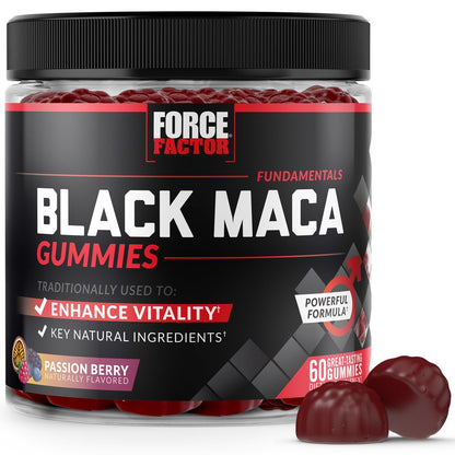 Force Factor Black Maca Gummies for Men & Women, Boost Energy, Strength, Drive & Vitality, BioPerine & Selenium for Superior Absorption, Peruvian Black Maca Root Extract, Passion Berry, 60 Gummies