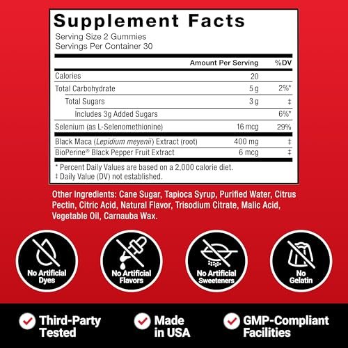 Force Factor Black Maca Gummies for Men & Women, Boost Energy, Strength, Drive & Vitality, BioPerine & Selenium for Superior Absorption, Peruvian Black Maca Root Extract, Passion Berry, 60 Gummies - görsel 16